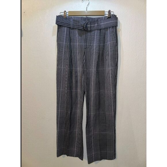 448 Women's Plaid High Rise Wide Leg Trousers with Belt - Picture 3 of 6